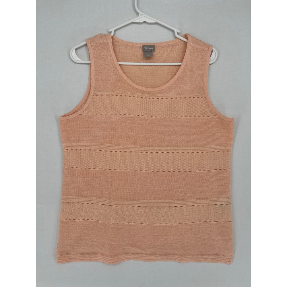 Chicos Tank Top Womens 2 L Peach Pink Knit Sleeveless Pointelle Stripe Shell